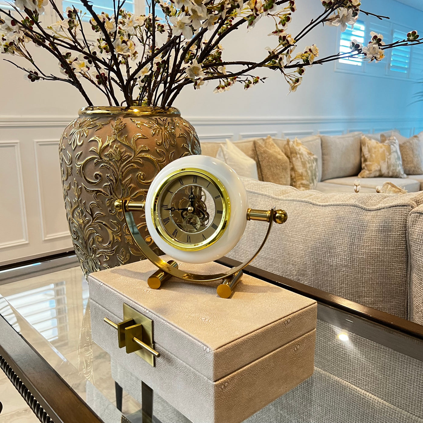 Gold and white brass clock - Luscious Homewares