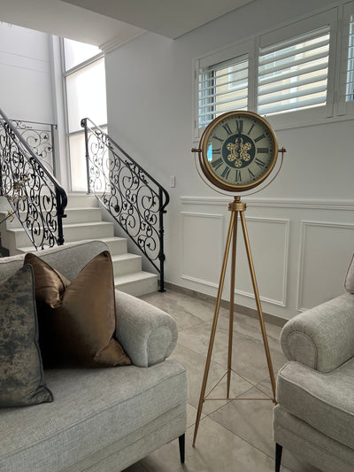 Gold tripod floor gear clock - Luscious Homewares