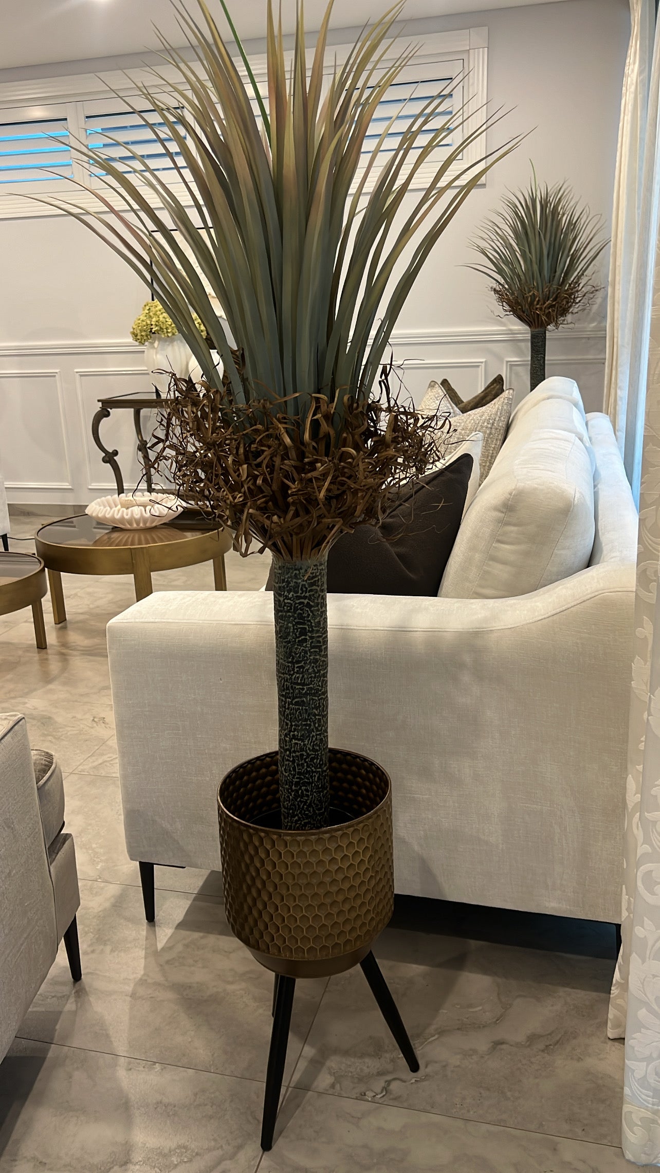 Small Dragon palm Artificial plant / gold metal pot - Luscious Homewares
