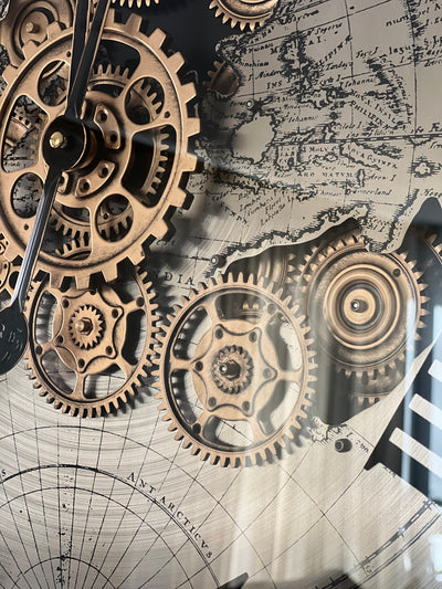 Rustic champagne round wall clock with exposed gears 60cm - Luscious Homewares