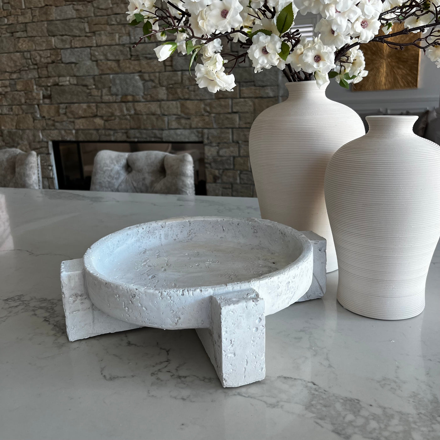 Pedestal white Stone Tray / decorative bowl - Luscious Homewares