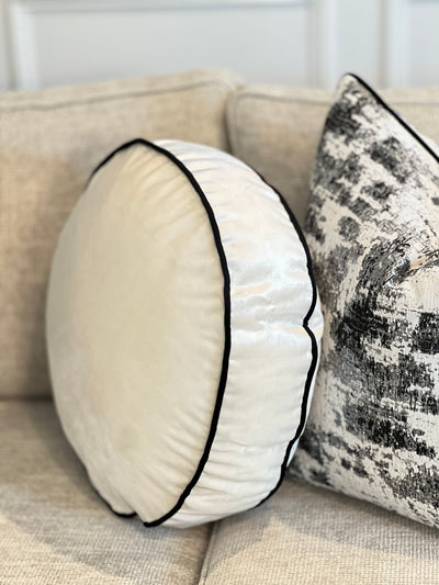 Royal luxe pearl white / black piping round cushion 50cm diameter - Luscious Homewares