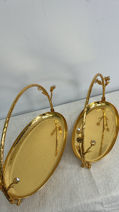 Intricate gold oval serving decorative handle tray