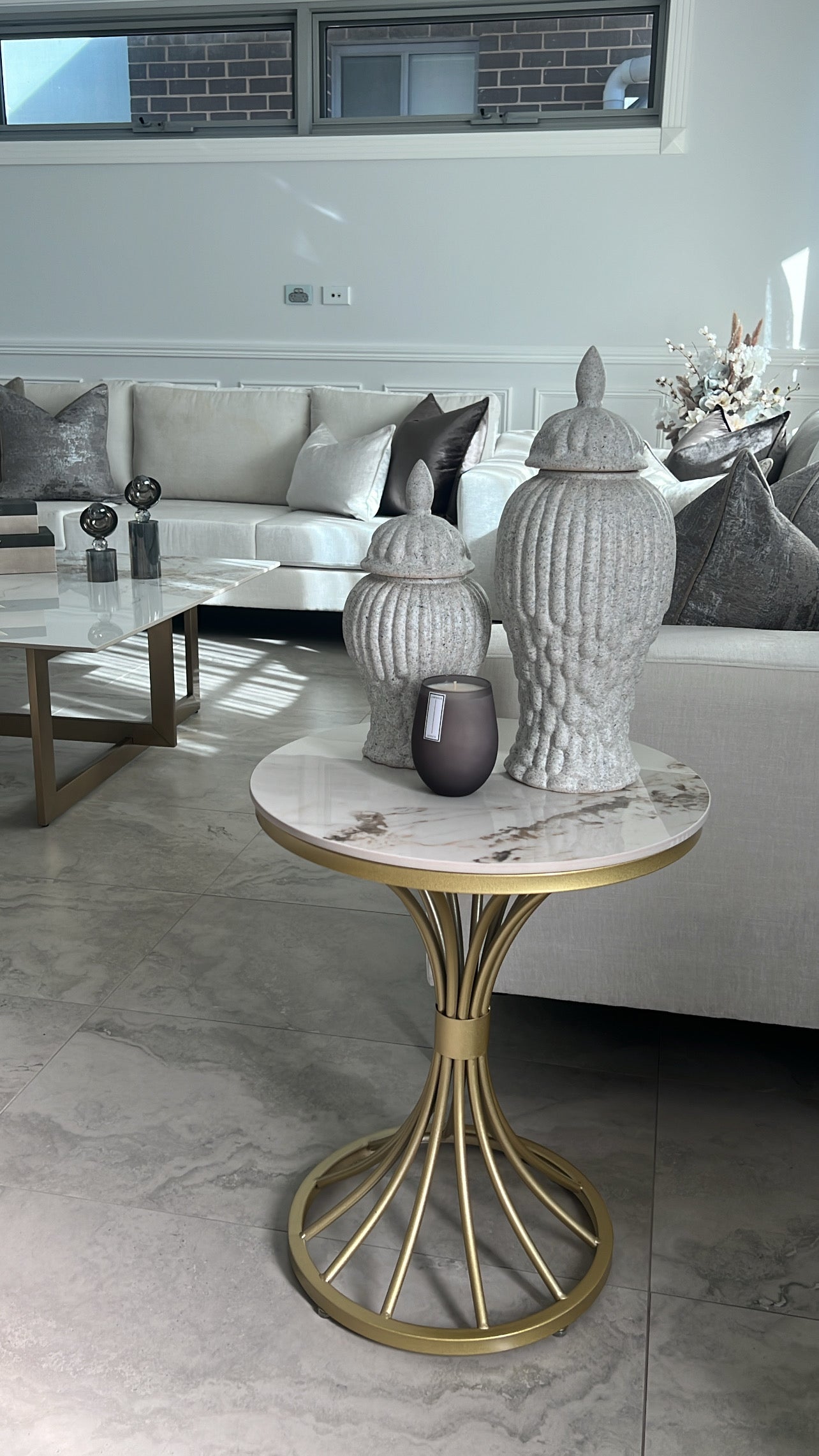 Marble white and gold round side table - Luscious Homewares