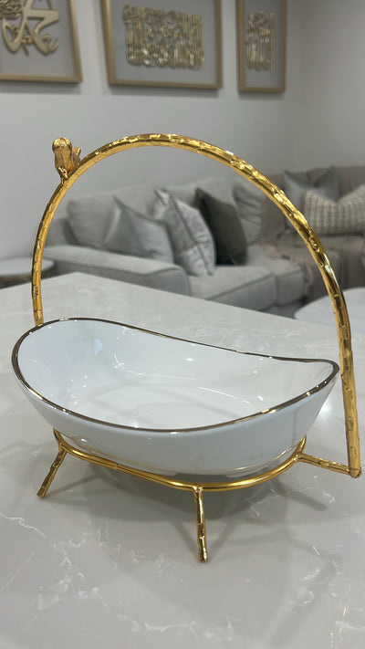 Asffor white and gold serving bowl with handle