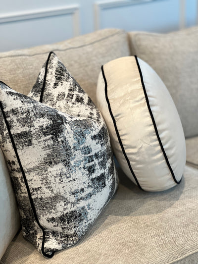 Royal luxe pearl white / black piping round cushion 50cm diameter - Luscious Homewares