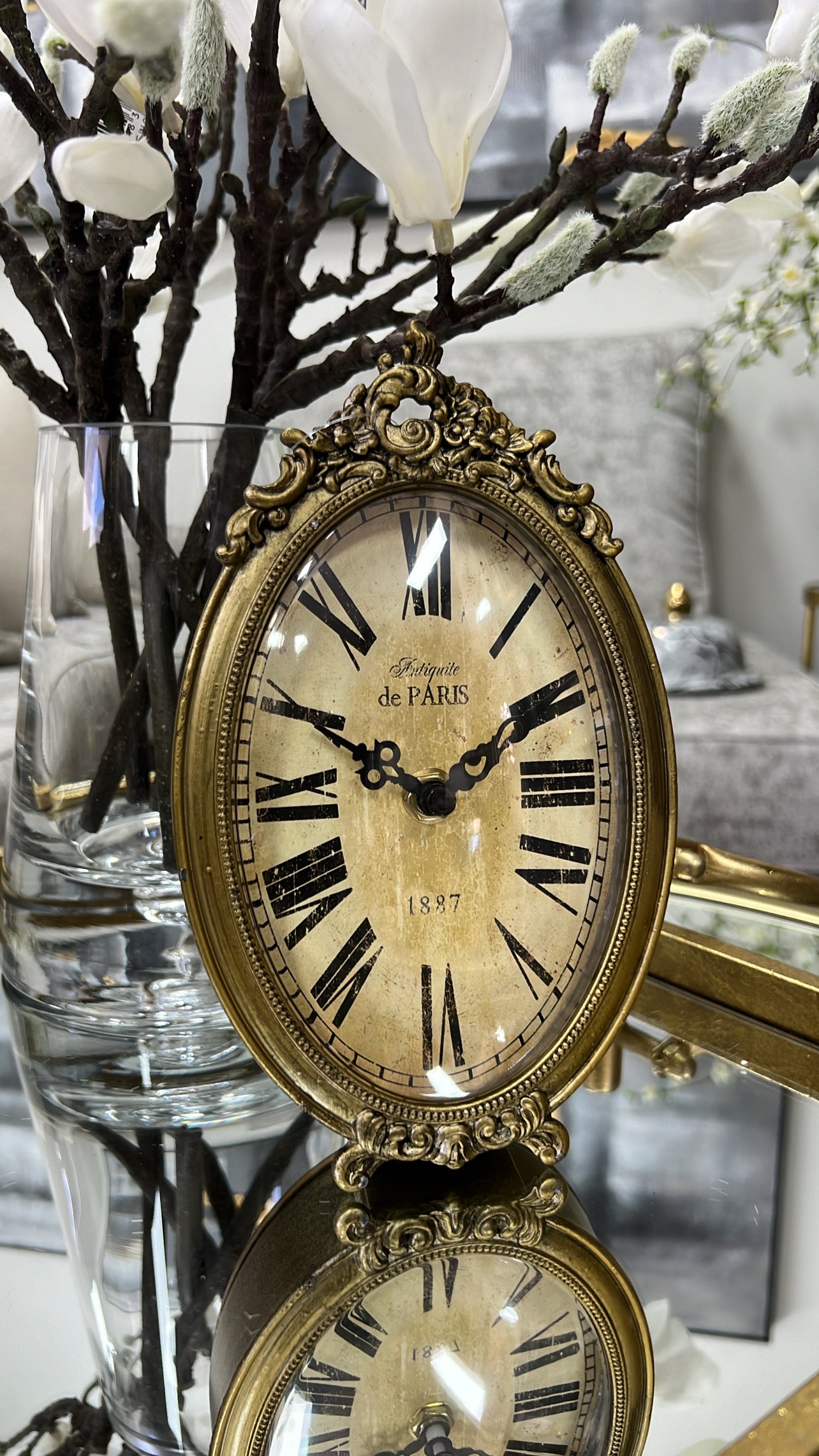 Amy gold pewter clock oval - Luscious Homewares