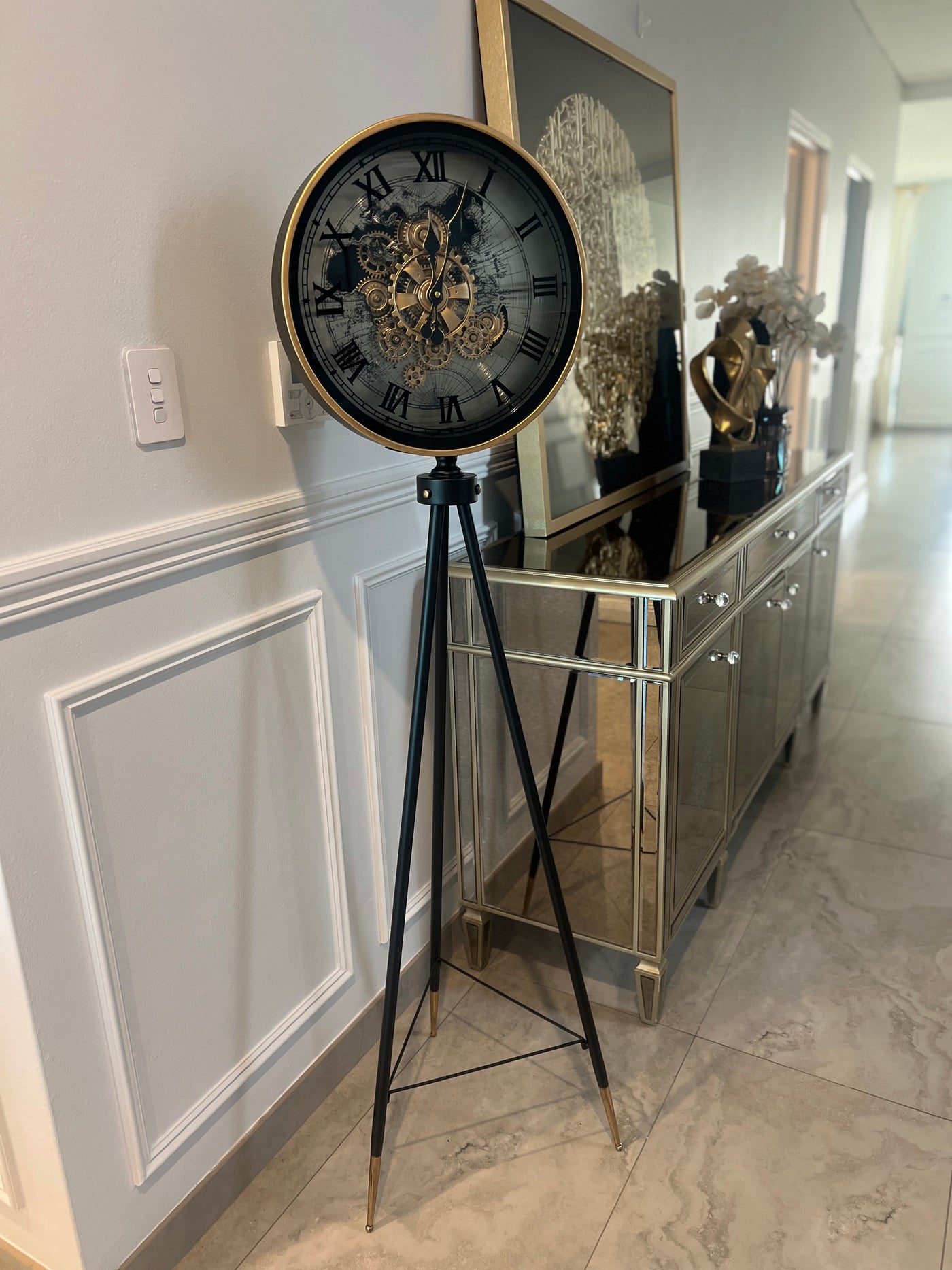 Black and gold tripod floor gear clock - Luscious Homewares