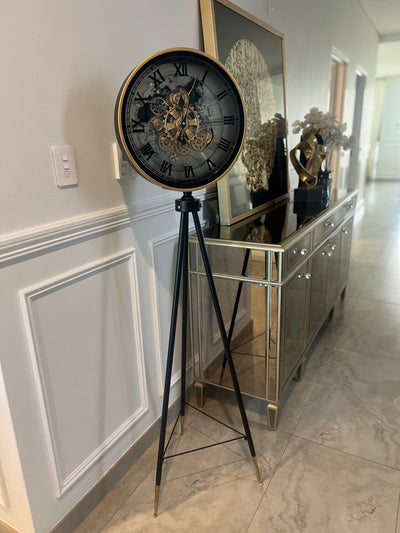 Black and gold tripod floor gear clock - Luscious Homewares
