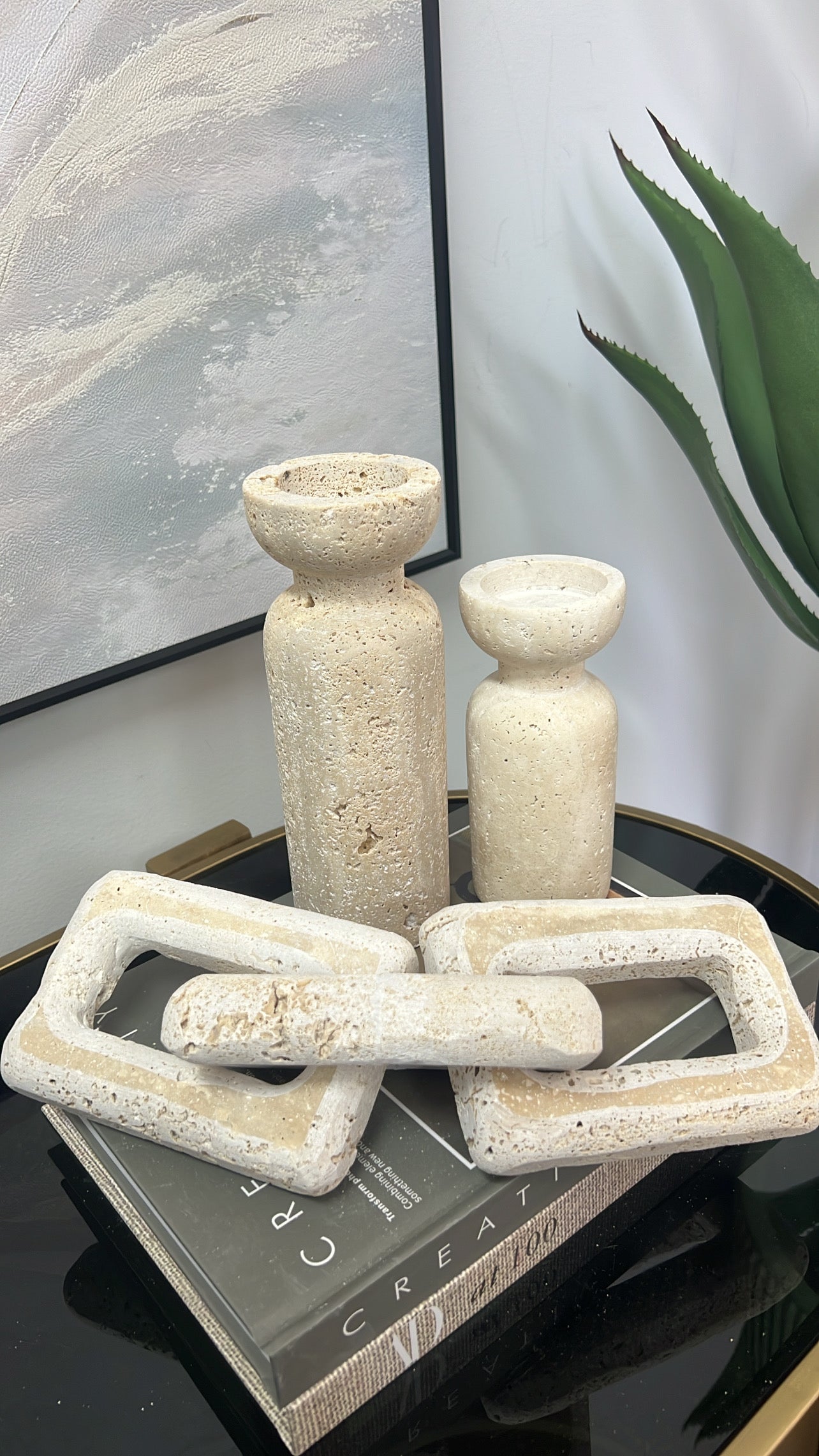 Travertine stone chain sculpture