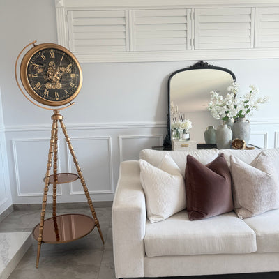 Large gold tripod floor gear clock 186cm - Luscious Homewares