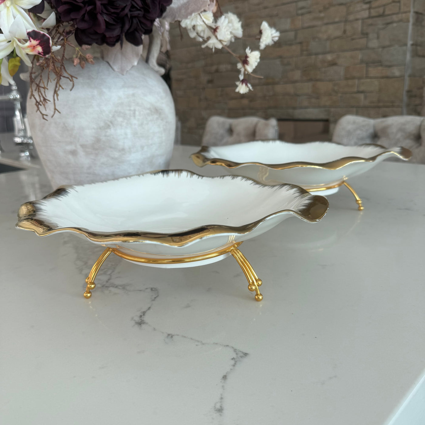 Leanna white and gold round serving bowl platter with stand - Luscious Homewares