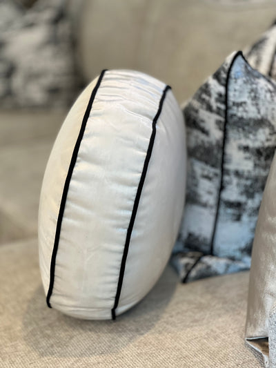 Royal luxe pearl white / black piping round cushion 50cm diameter - Luscious Homewares