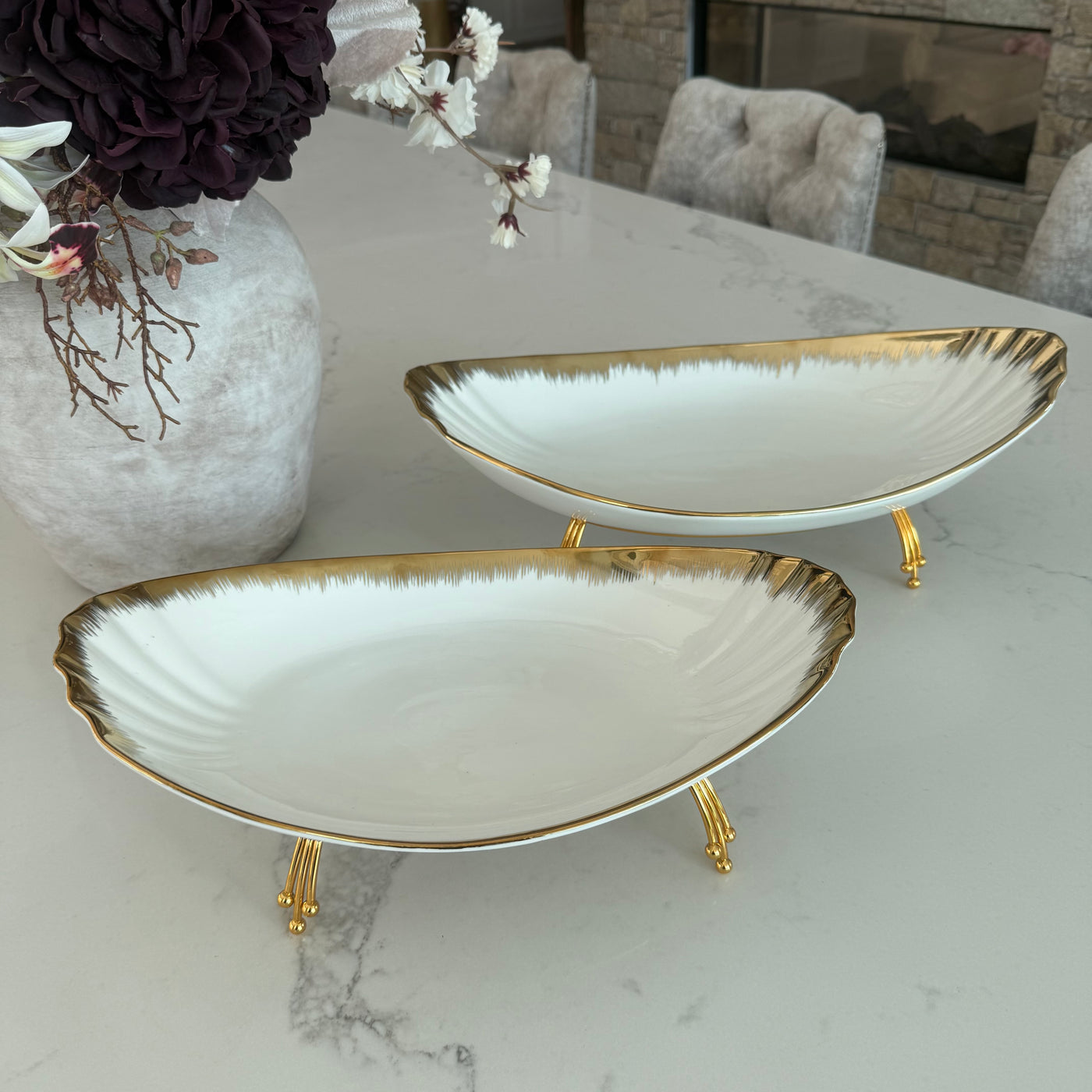 Leanna white and gold oval serving bowl platter with stand - Luscious Homewares