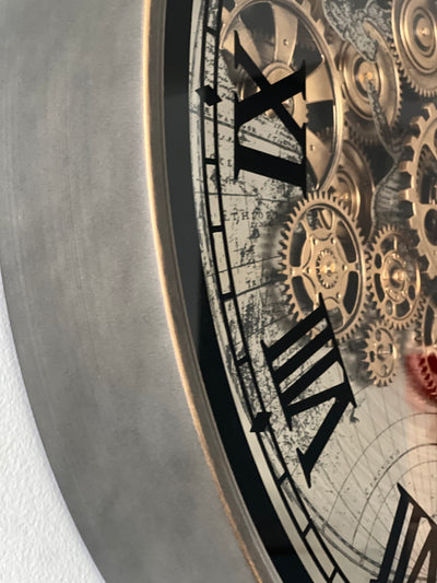 Rustic champagne round wall clock with exposed gears 60cm - Luscious Homewares