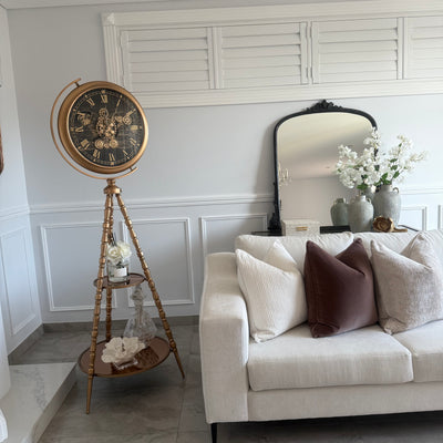 Large gold tripod floor gear clock 186cm - Luscious Homewares