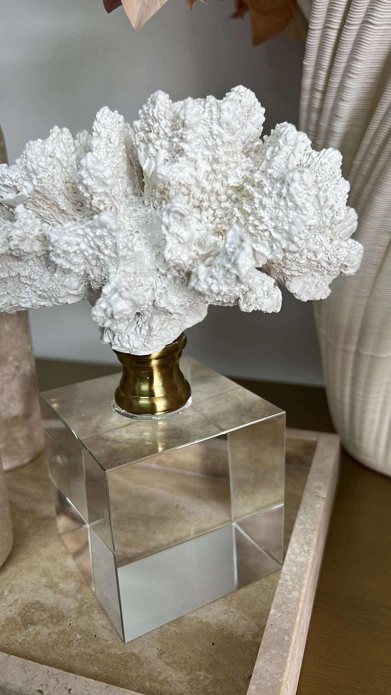 coral sculpture on crystal glass stand