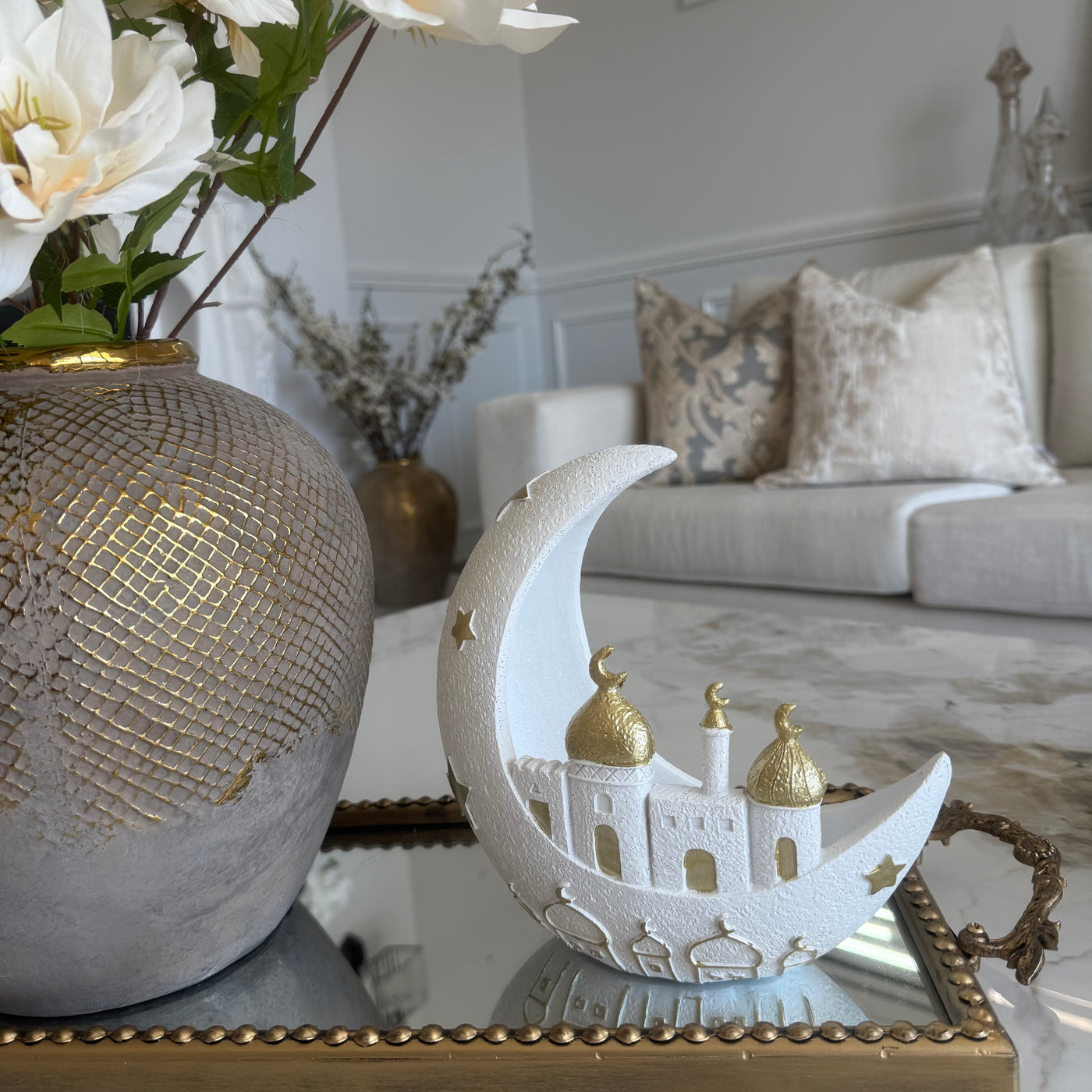 Ramadan gold and white display moon ornament