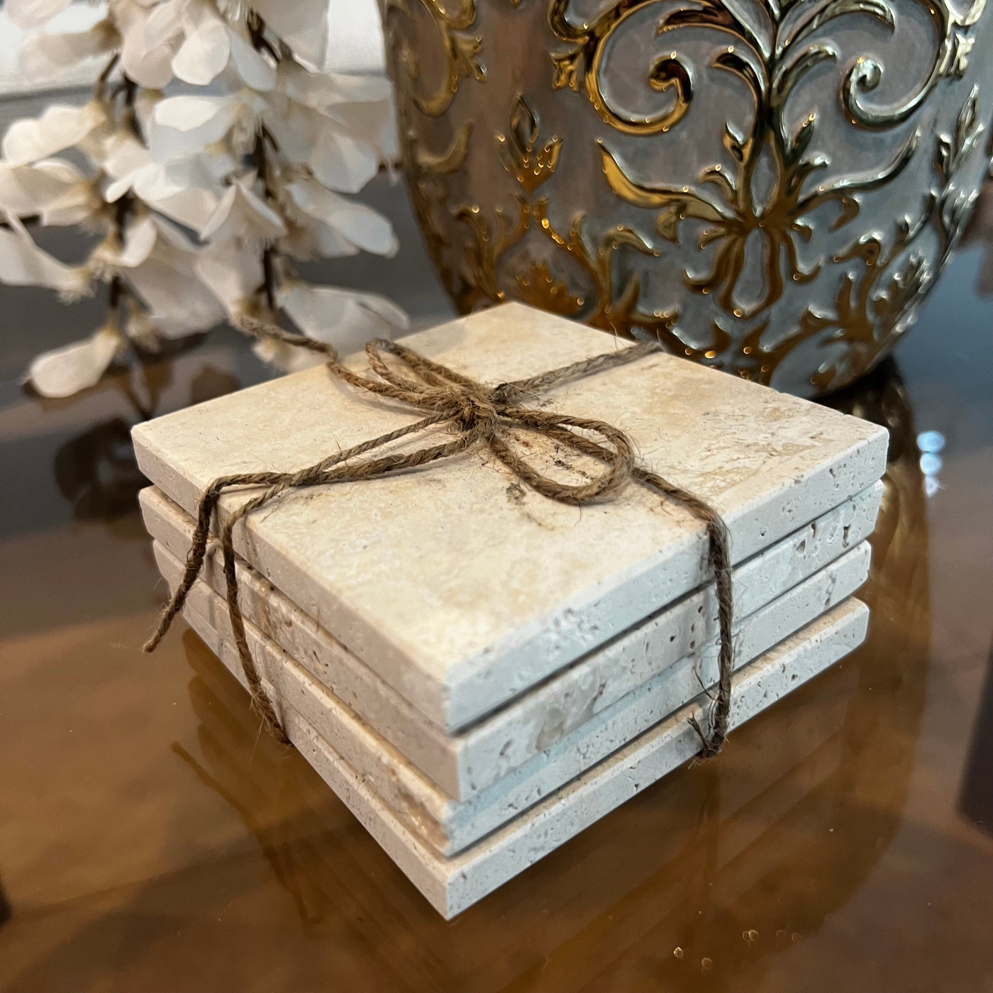 Travertine stone coaster set x 4 - Luscious Homewares
