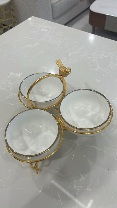 Asffor white and gold triple serving bowl