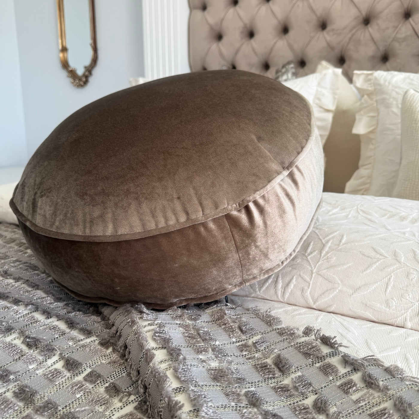 Dark champagne round cushion 50cm diameter - Luscious Homewares