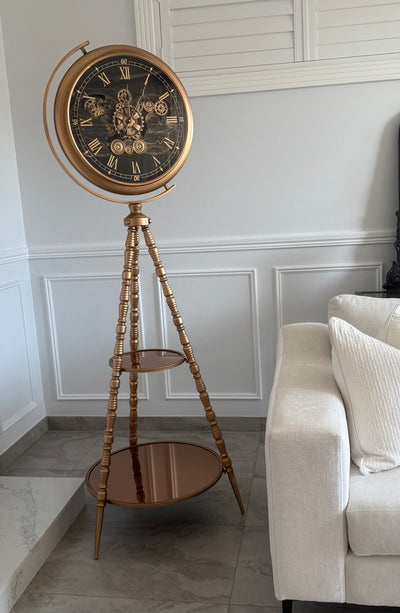 Large gold tripod floor gear clock 186cm - Luscious Homewares