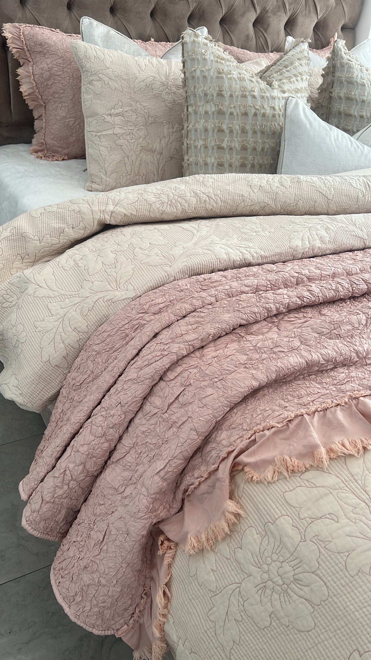 Angelica soft ndusty pink Coverlet throw 3 piece set queen / king size - Luscious Homewares