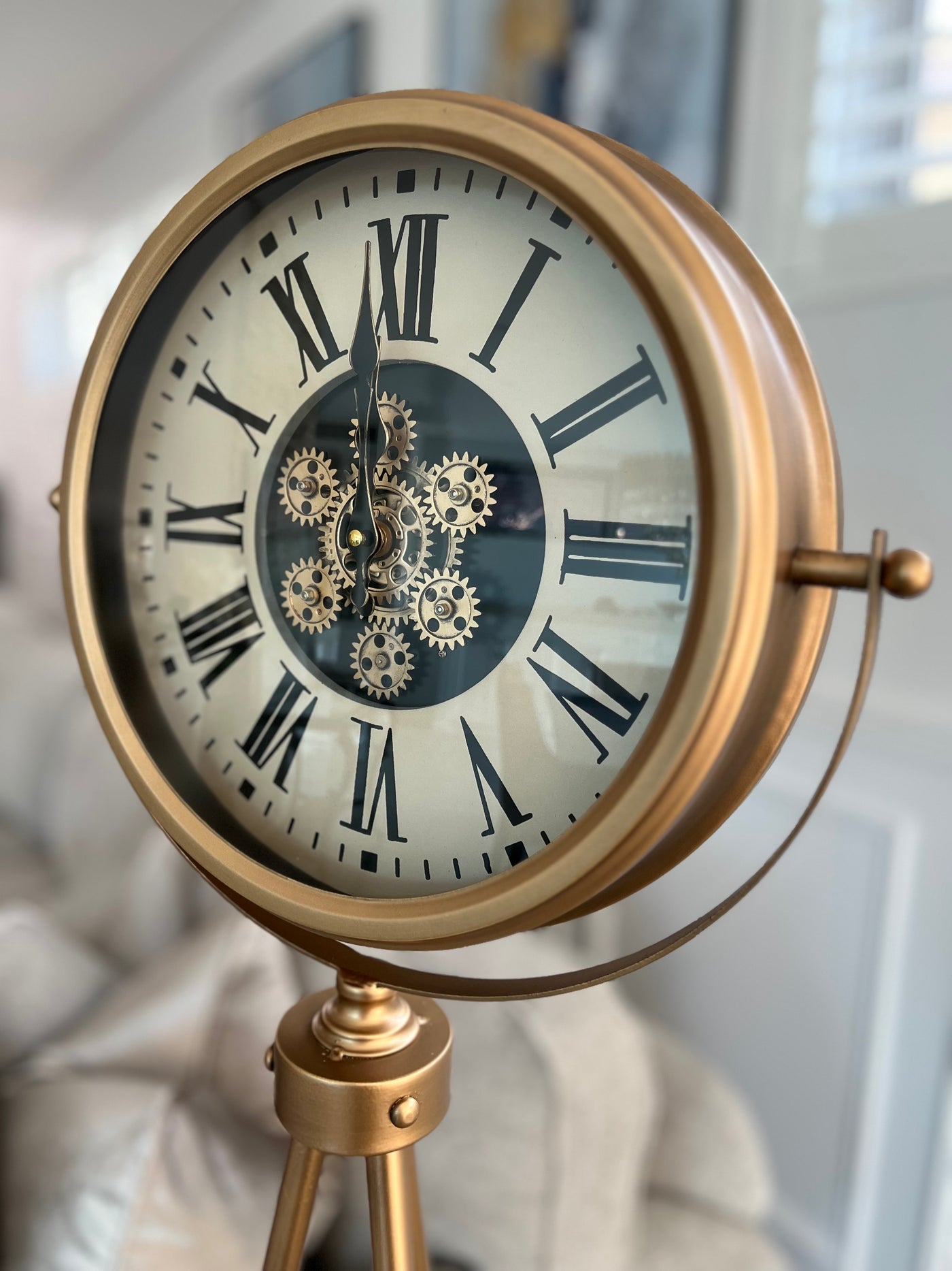Gold tripod floor gear clock - Luscious Homewares