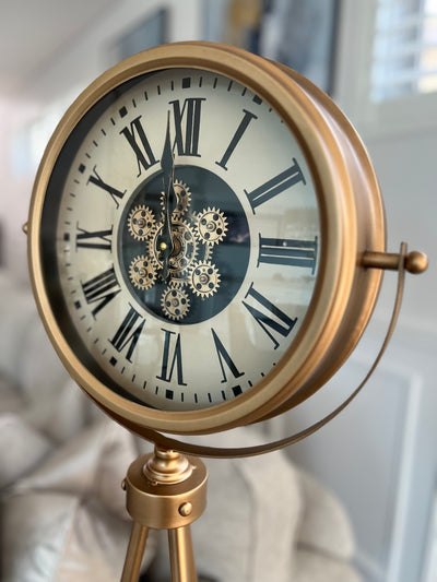 Gold tripod floor gear clock - Luscious Homewares