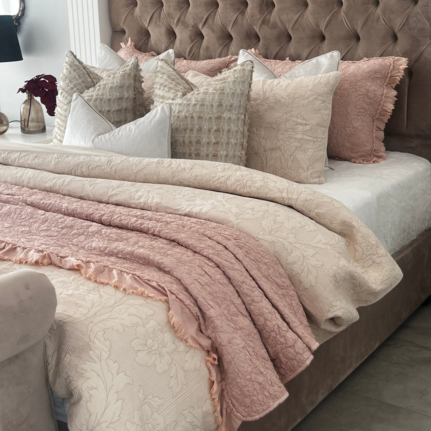 Angelica soft ndusty pink Coverlet throw 3 piece set queen / king size - Luscious Homewares