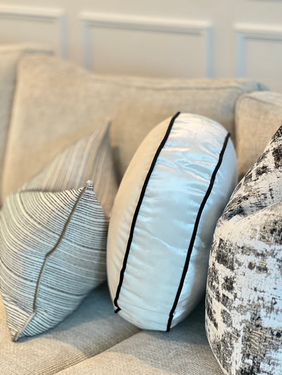 Royal luxe pearl white / black piping round cushion 50cm diameter - Luscious Homewares