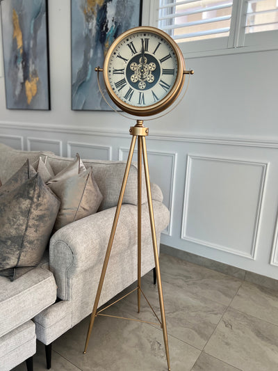 Gold tripod floor gear clock - Luscious Homewares