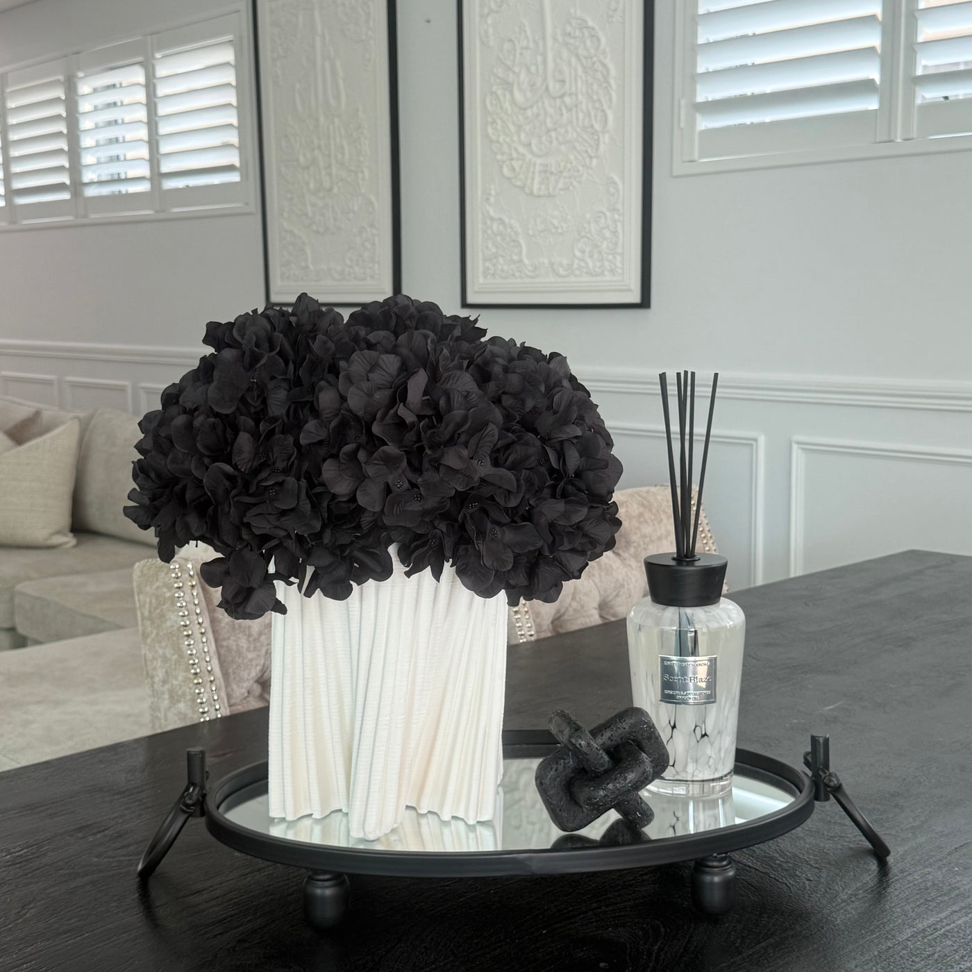 Black Hydrangeas + 3d print white vase - Luscious Homewares