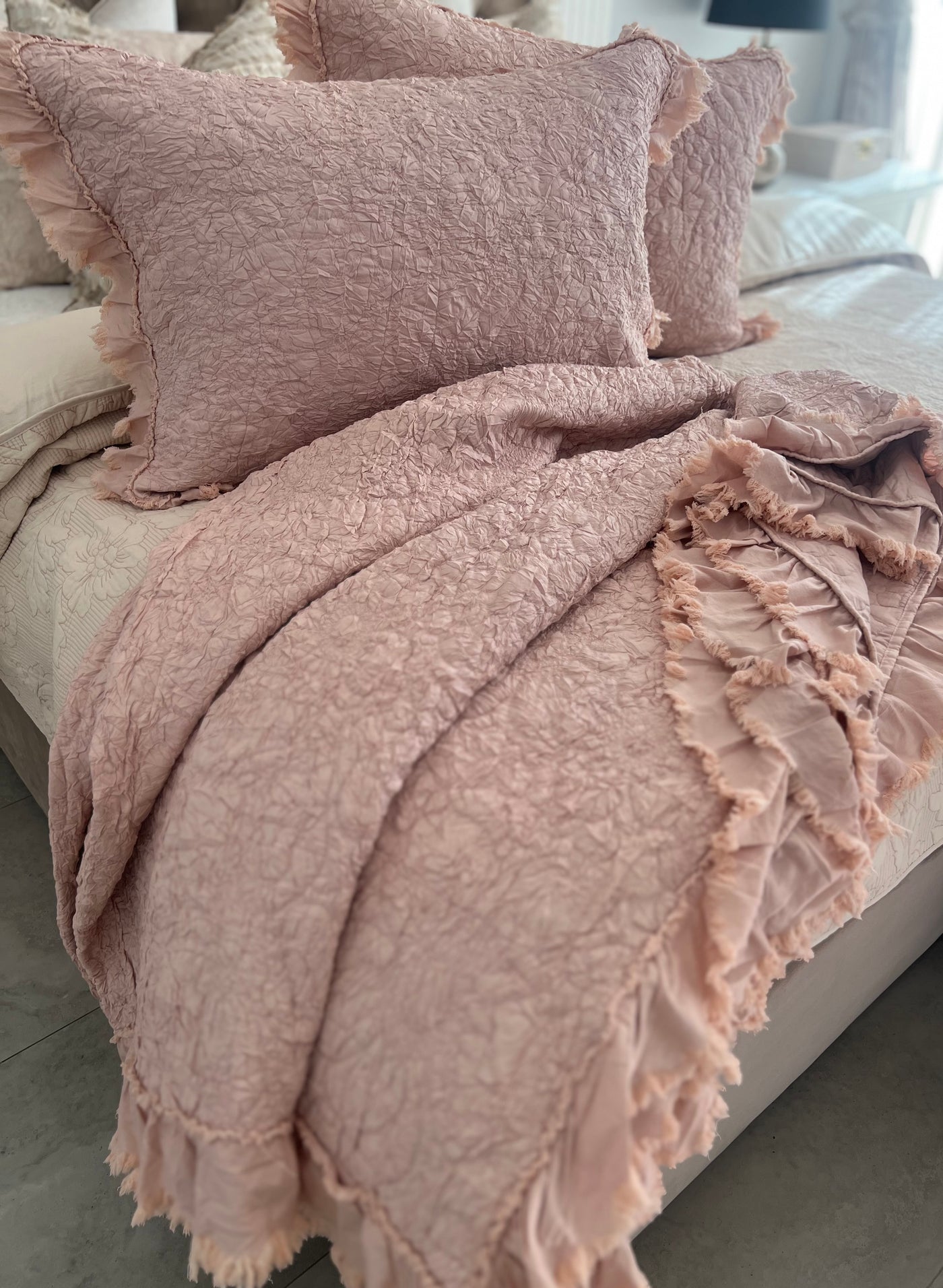 Angelica soft ndusty pink Coverlet throw 3 piece set queen / king size - Luscious Homewares