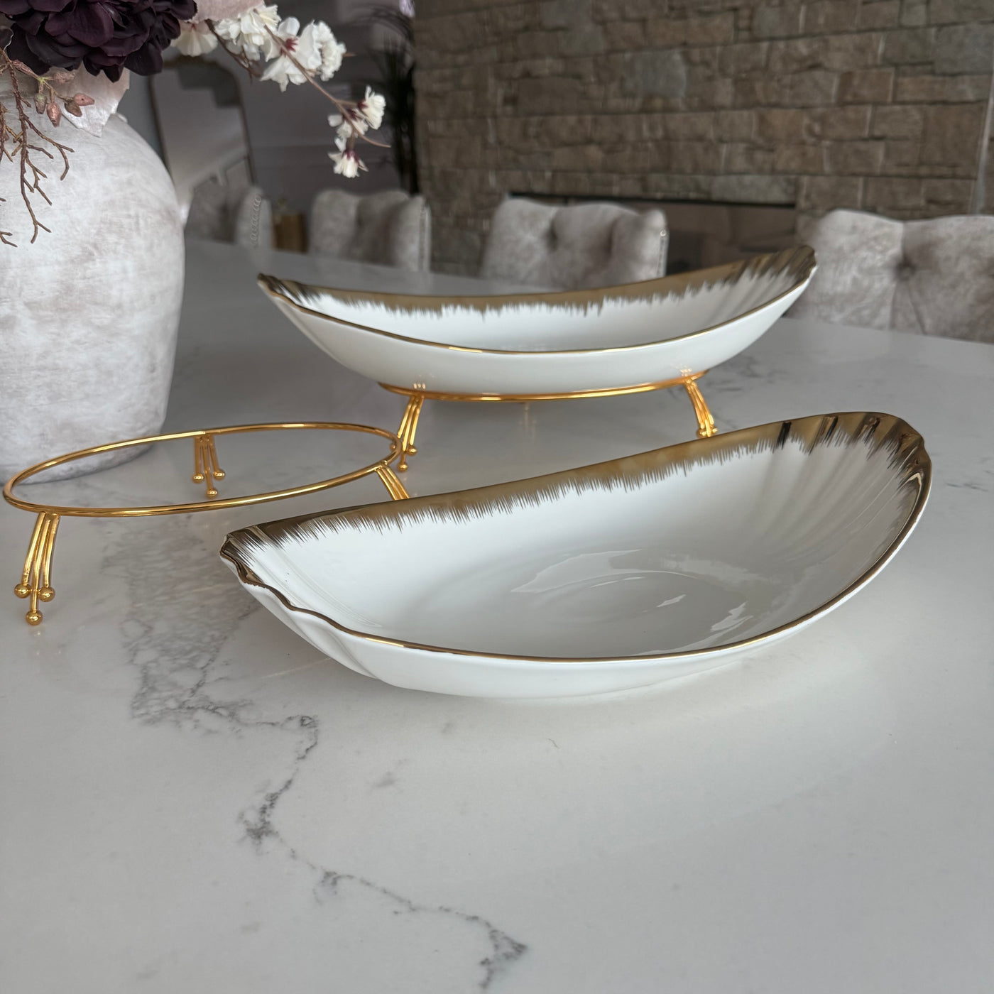 Leanna white and gold oval serving bowl platter with stand - Luscious Homewares