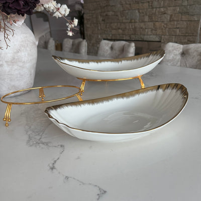 Leanna white and gold oval serving bowl platter with stand - Luscious Homewares