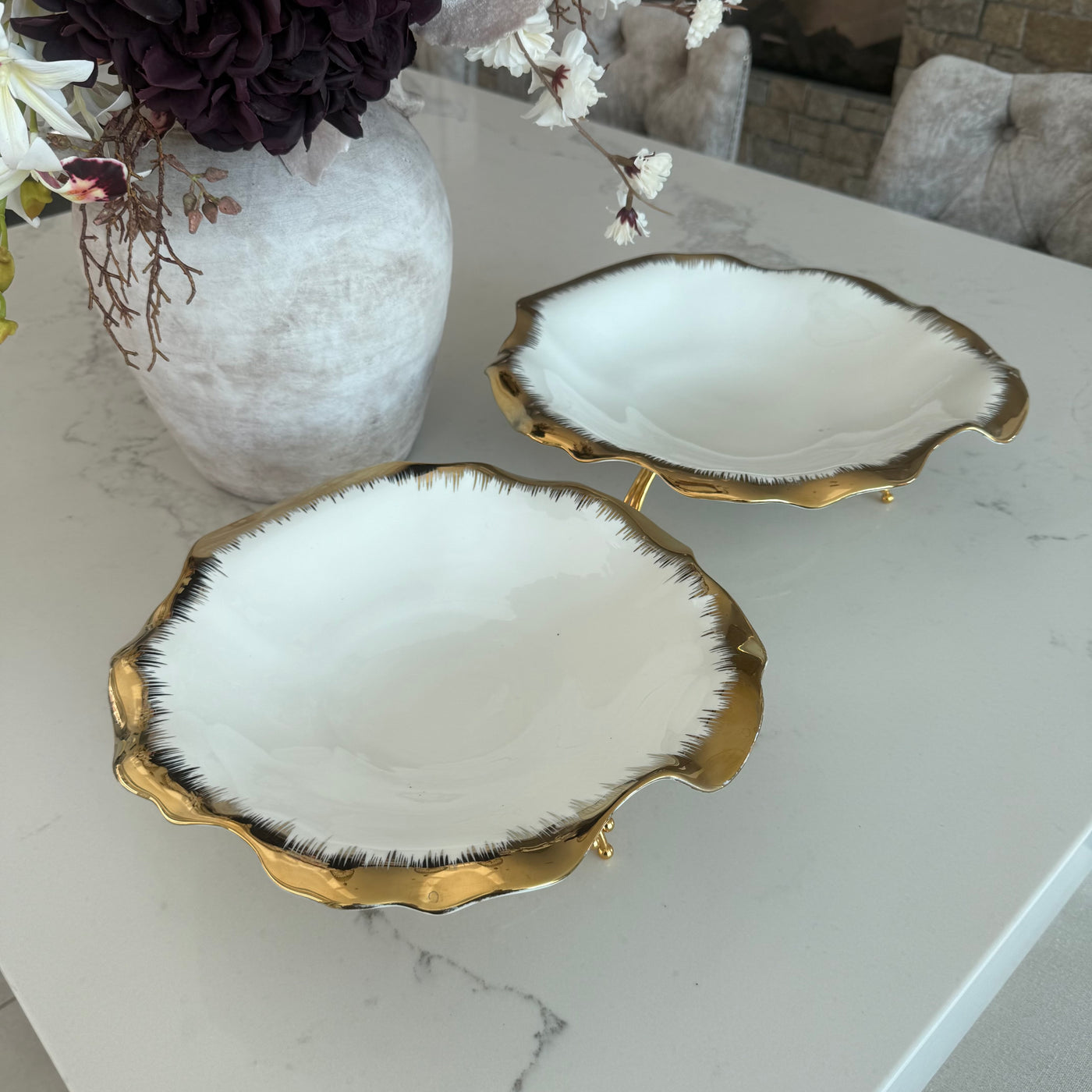 Leanna white and gold round serving bowl platter with stand - Luscious Homewares