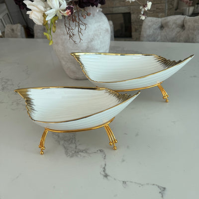 Leanna white and gold leaf serving bowl platter with stand - Luscious Homewares