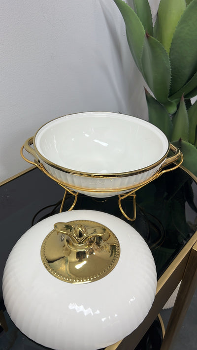 white and gold food warmer pot