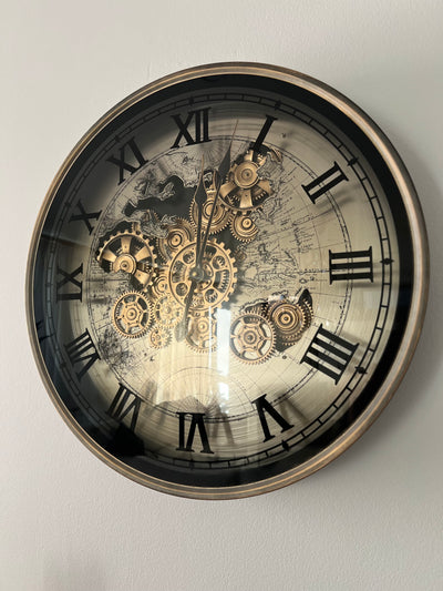 Rustic champagne round wall clock with exposed gears 60cm - Luscious Homewares