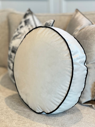 Royal luxe pearl white / black piping round cushion 50cm diameter - Luscious Homewares