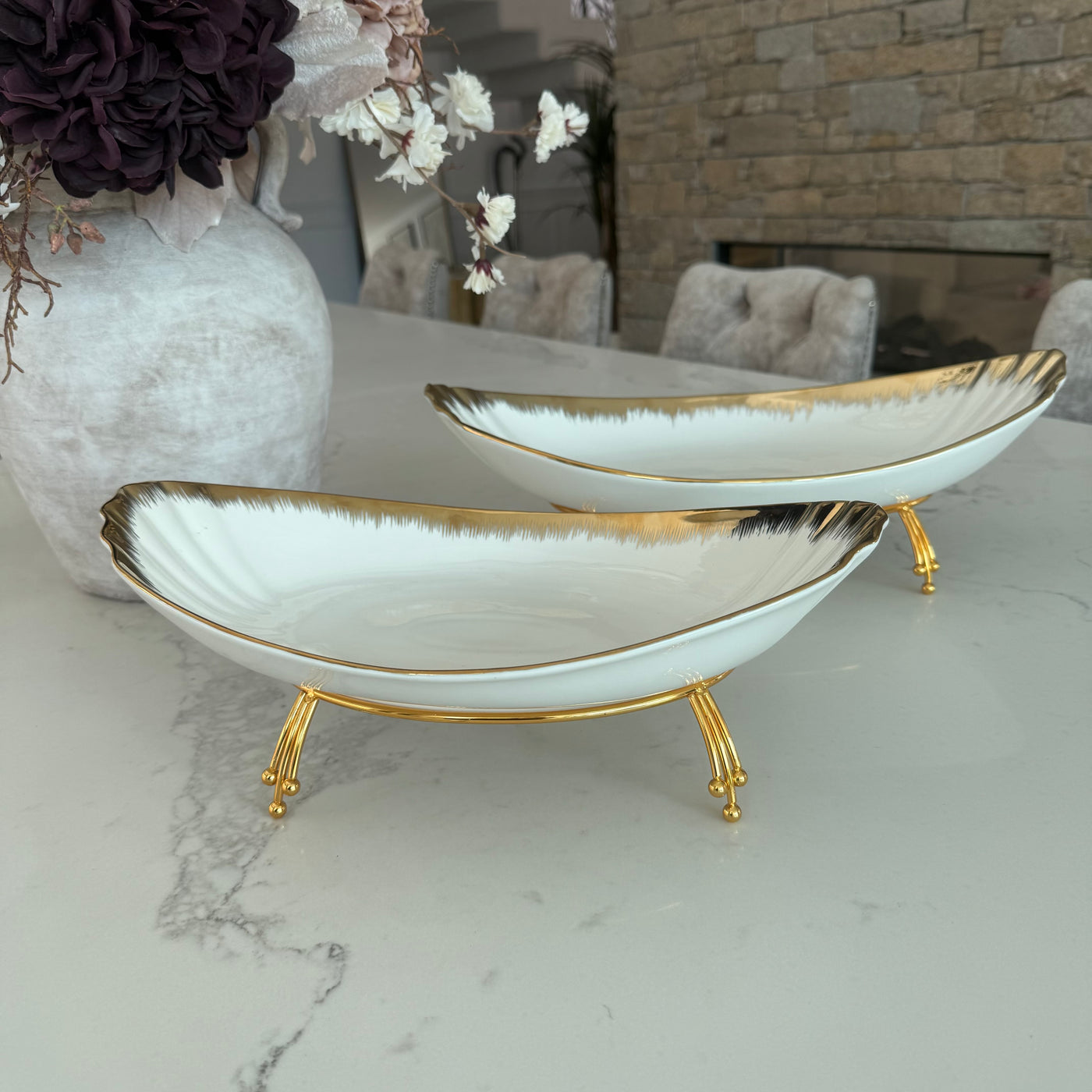 Leanna white and gold oval serving bowl platter with stand - Luscious Homewares
