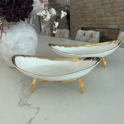 Leanna white and gold oval serving bowl platter with stand - Luscious Homewares