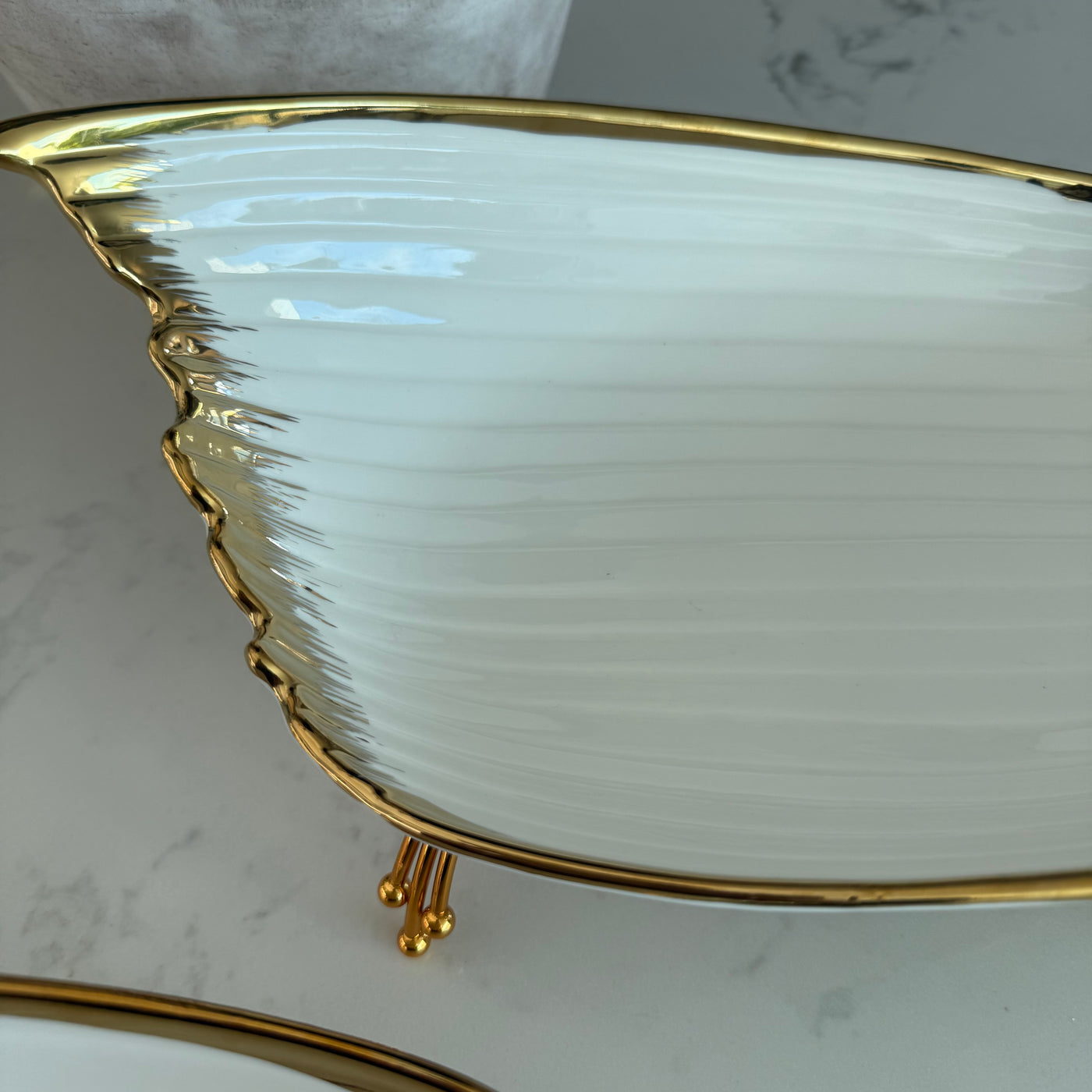 Leanna white and gold leaf serving bowl platter with stand - Luscious Homewares