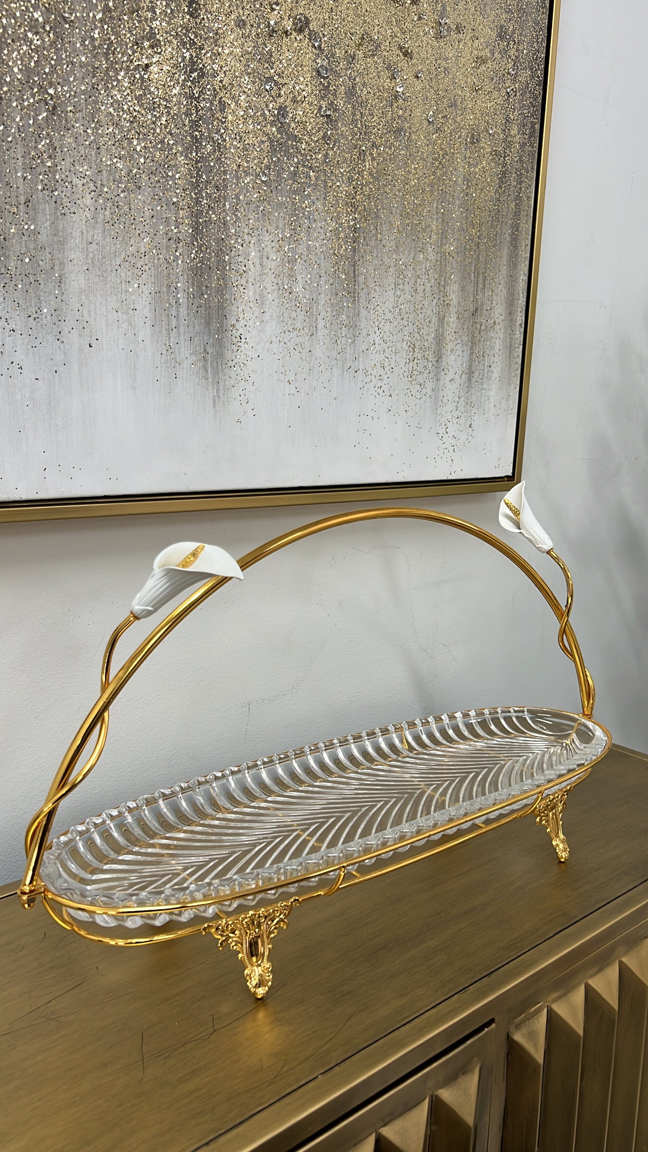 Tulip gold rack serving platter with handle