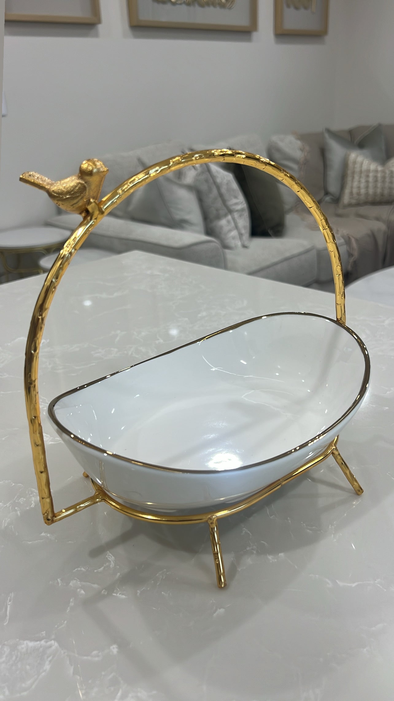 Asffor white and gold serving bowl with handle