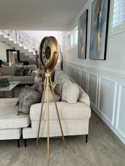 Gold tripod floor gear clock - Luscious Homewares