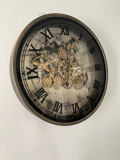 Rustic champagne round wall clock with exposed gears 60cm - Luscious Homewares