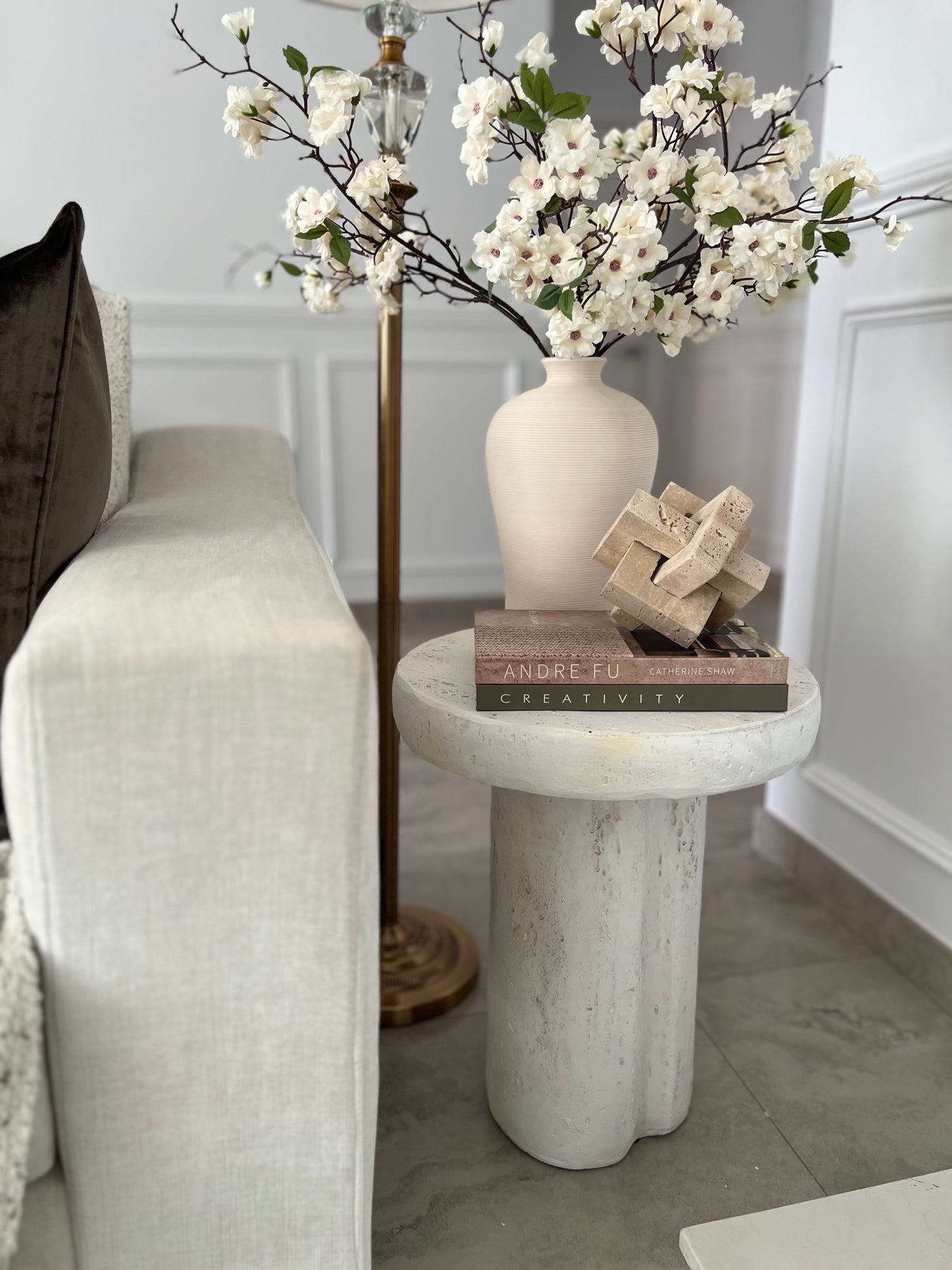 Maria White stone round side table - Luscious Homewares