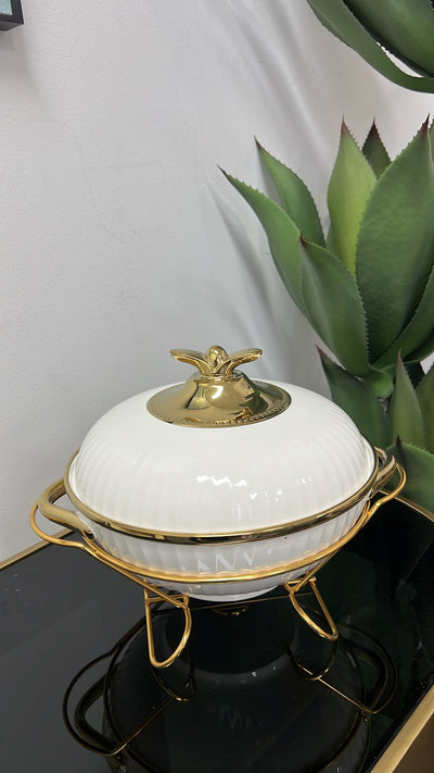 white and gold food warmer pot